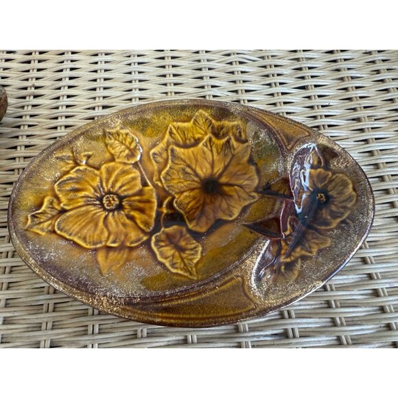 Vintage MCM California Pottery Ashtray Cigarette Box Set Brown Gold Floral - Picture 8 of 15